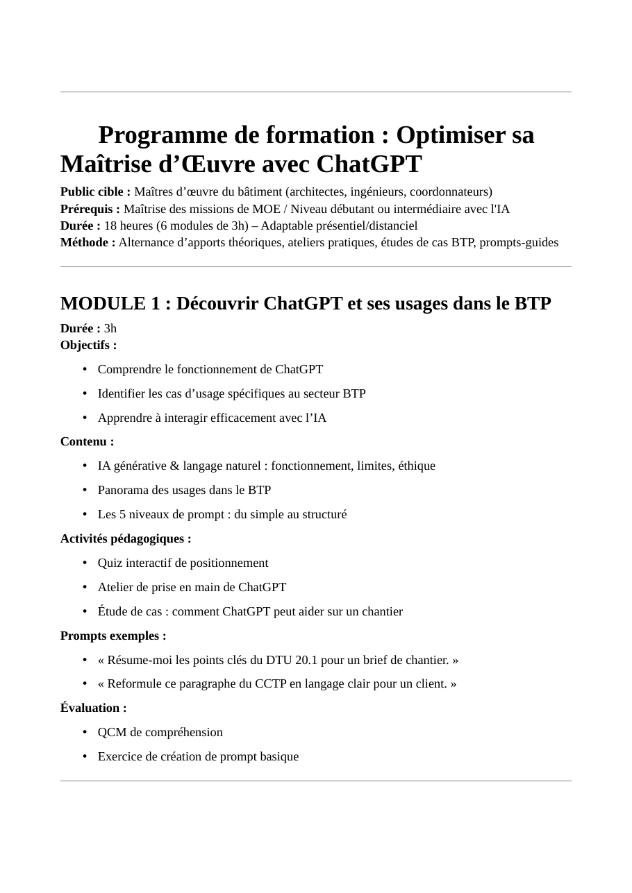 Programme de formation ChatGPT pour la maîtrise d'œuvre BTP